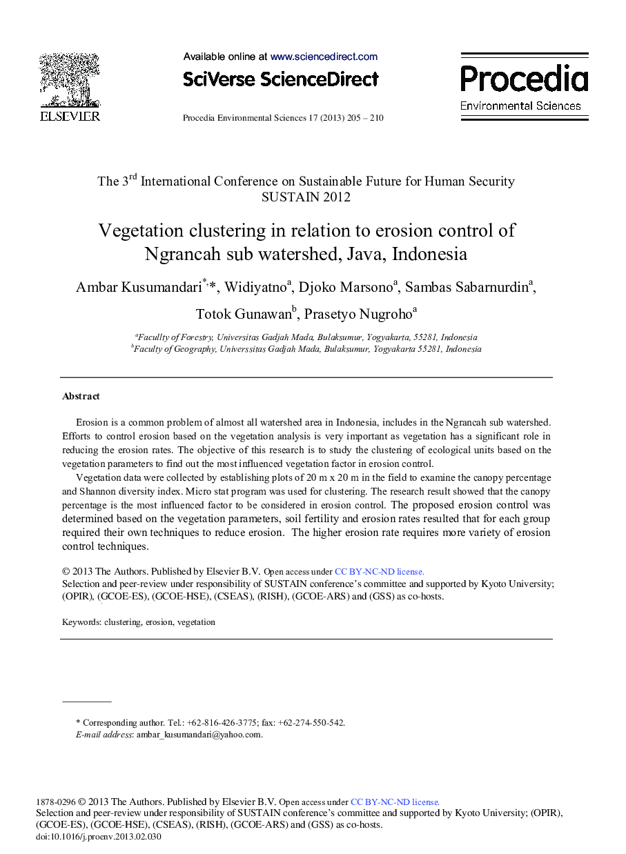 عکس صفحه اول مقاله: Vegetation Clustering in Relation to Erosion Control of Ngrancah Sub Watershed, Java, Indonesia Vegetation Clustering in Relation to Erosion Control of Ngrancah Sub Watershed, Java, Indonesia