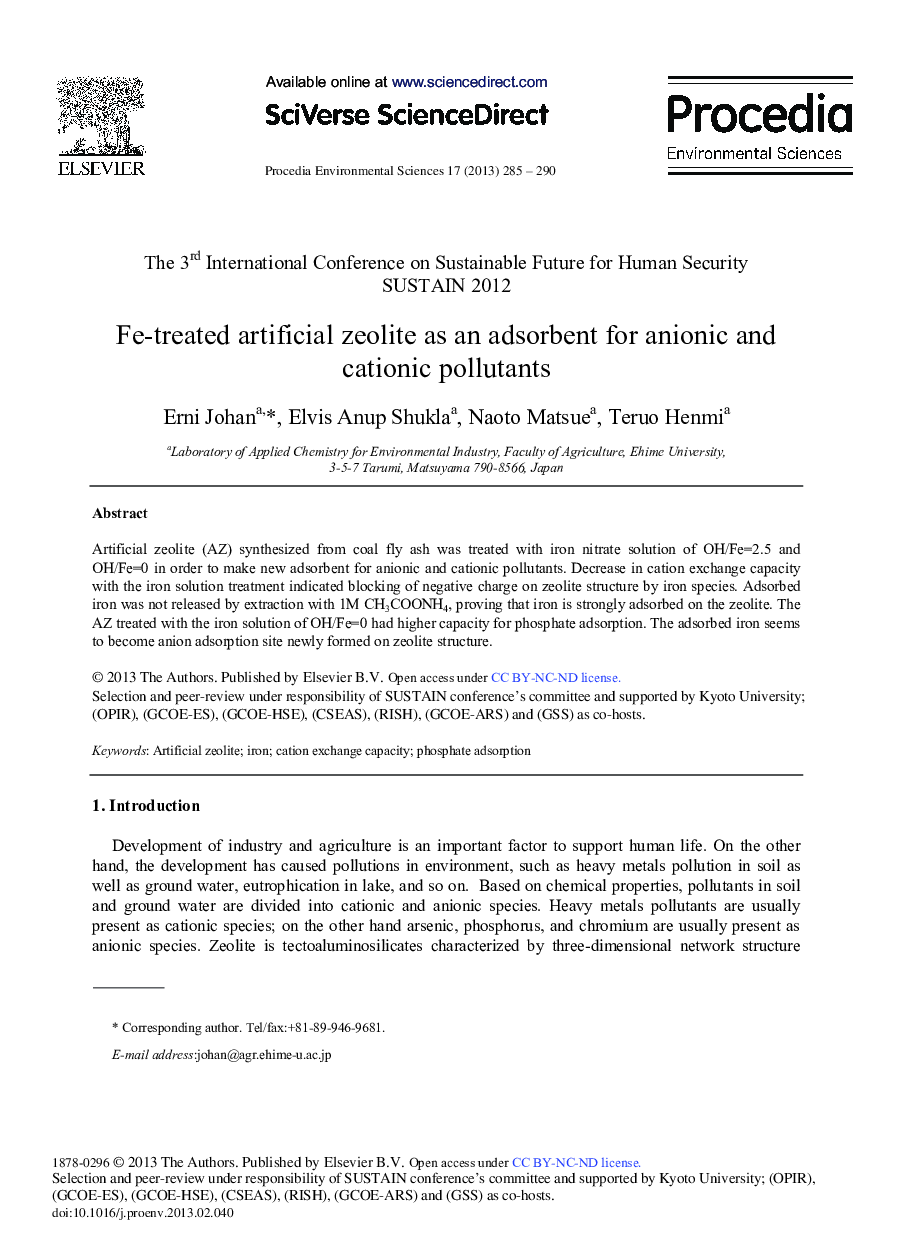 عکس صفحه اول مقاله: Fe-Treated Artificial Zeolite as an Adsorbent for Anionic and Cationic Pollutants Fe-Treated Artificial Zeolite as an Adsorbent for Anionic and Cationic Pollutants