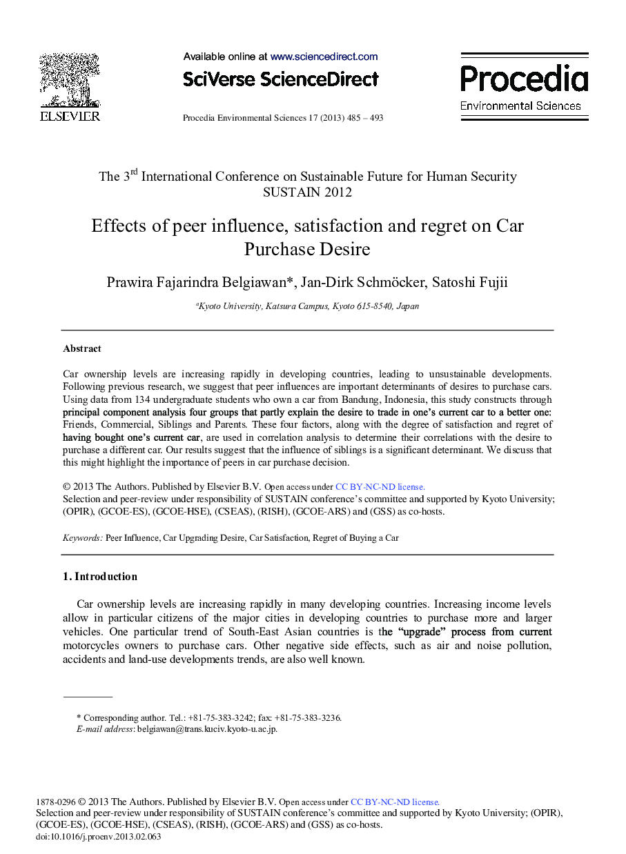 عکس صفحه اول مقاله: Effects of Peer Influence, Satisfaction and Regret on Car Purchase Desire Effects of Peer Influence, Satisfaction and Regret on Car Purchase Desire