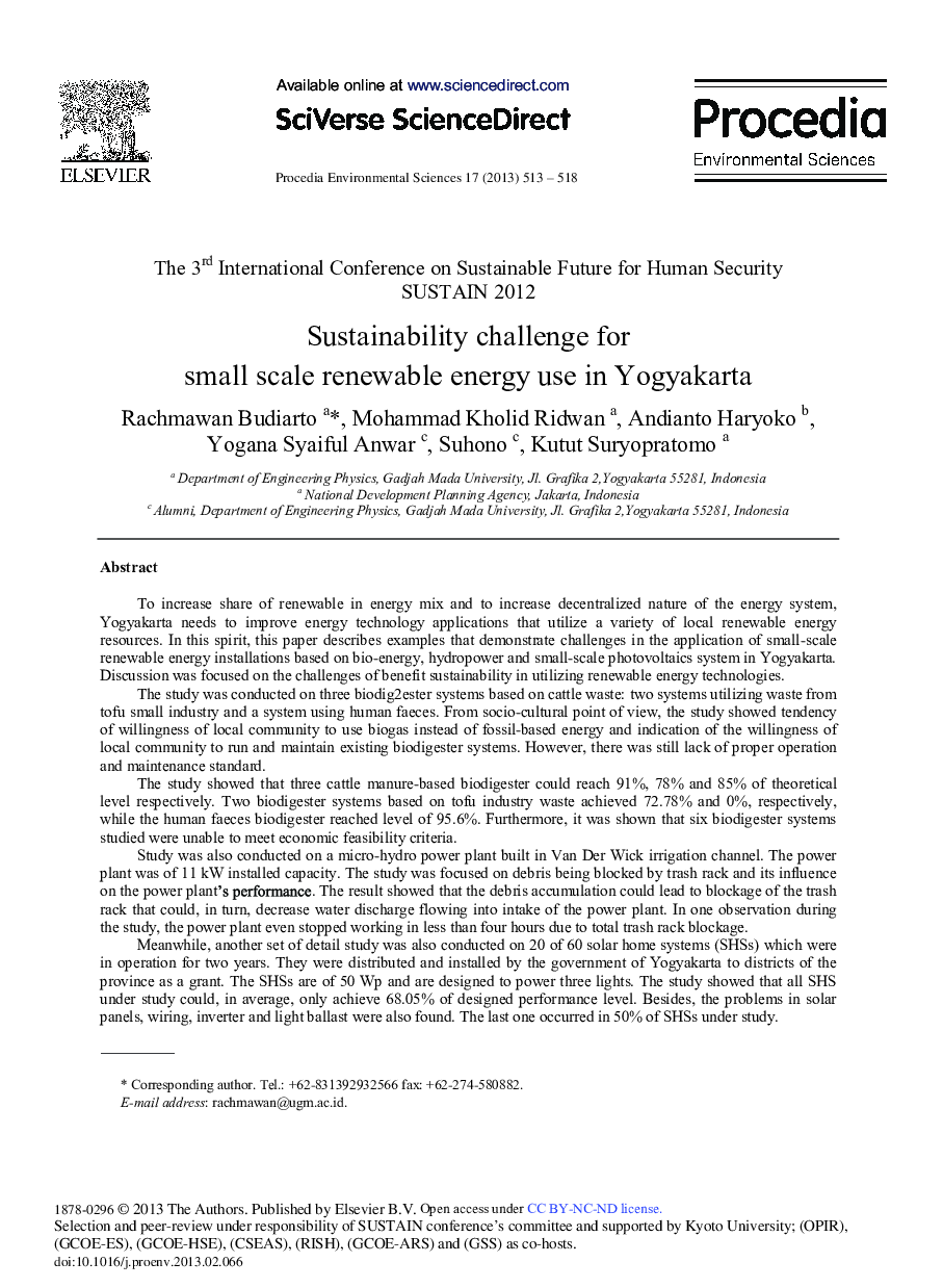 عکس صفحه اول مقاله: Sustainability Challenge for Small Scale Renewable Energy use in Yogyakarta Sustainability Challenge for Small Scale Renewable Energy use in Yogyakarta