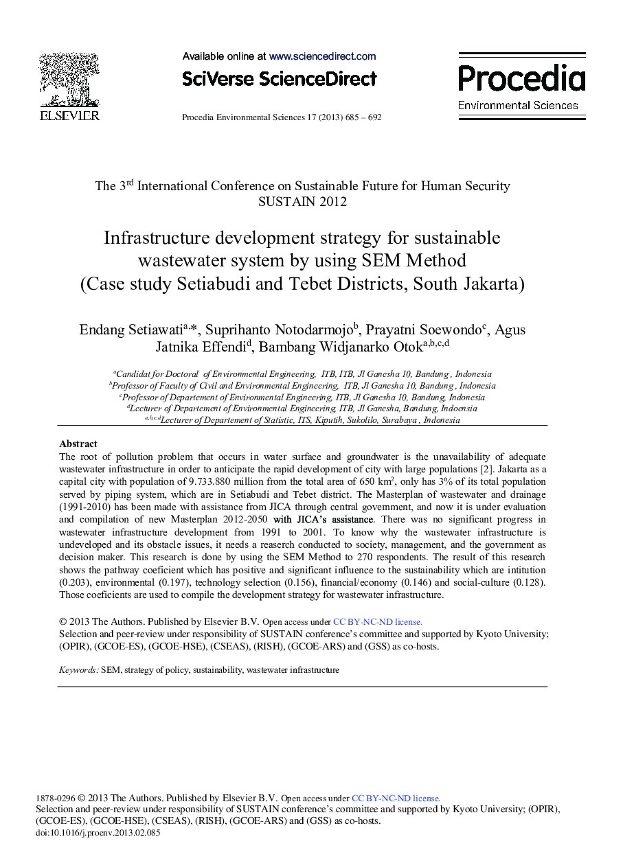 عکس صفحه اول مقاله: Infrastructure Development Strategy for Sustainable Wastewater System by using SEM Method (Case Study Setiabudi and Tebet Districts, South Jakarta) Infrastructure Development Strategy for Sustainable Wastewater System by using SEM Method (Case Study Setiabudi and Tebet Districts, South Jakarta)