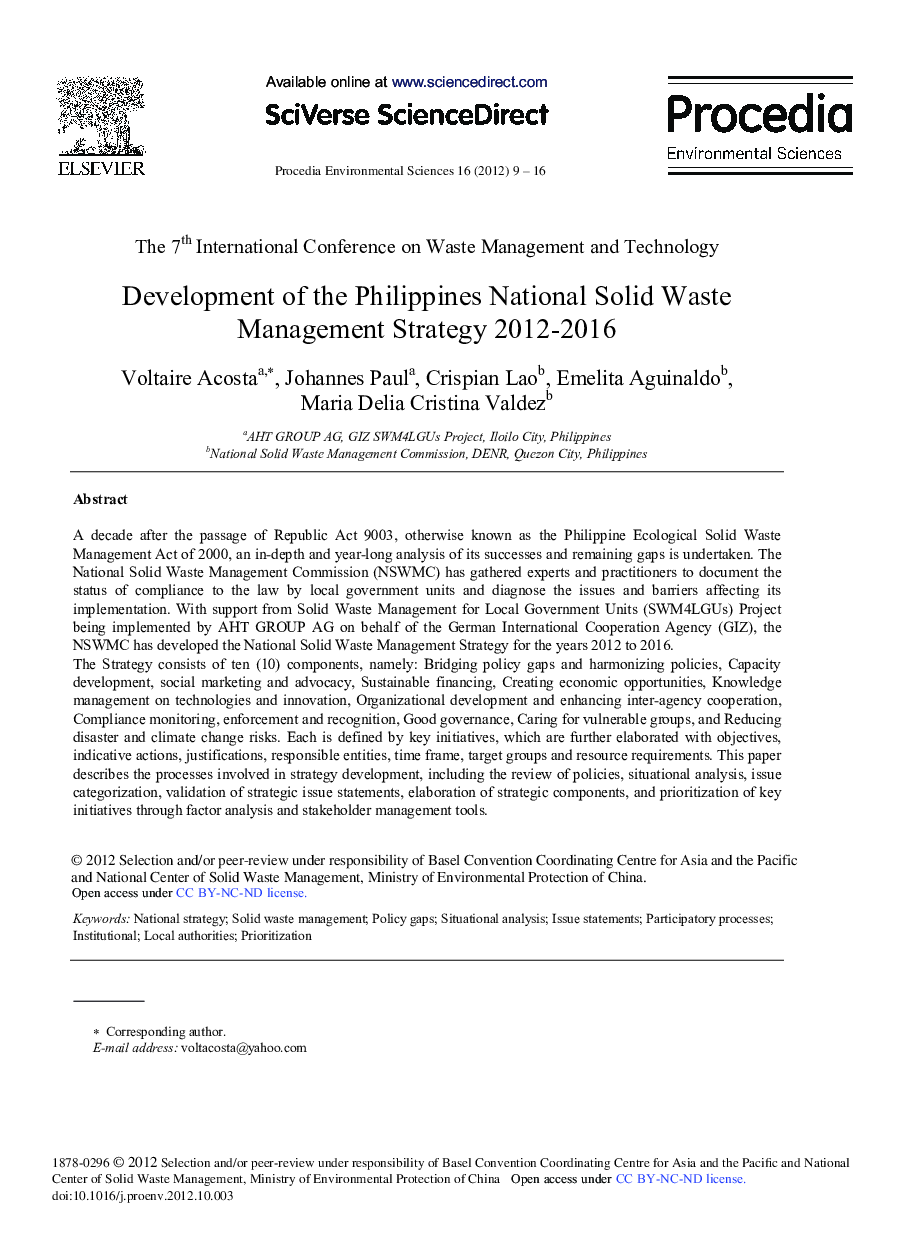 Development of the Philippines National Solid Waste Management Strategy 2012-2016