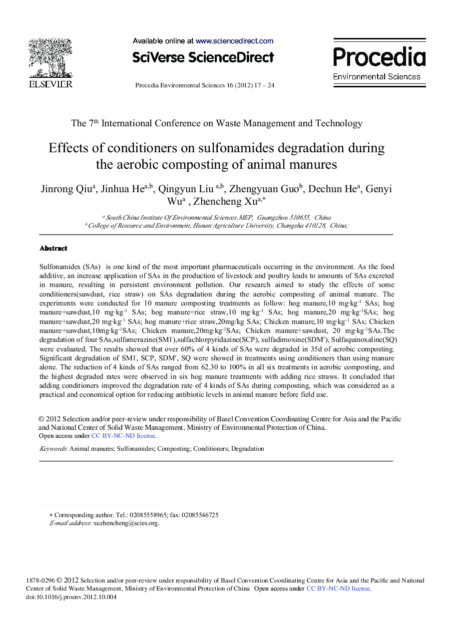 عکس صفحه اول مقاله: Effects of Conditioners on Sulfonamides Degradation during the Aerobic Composting of Animal Manures Effects of Conditioners on Sulfonamides Degradation during the Aerobic Composting of Animal Manures