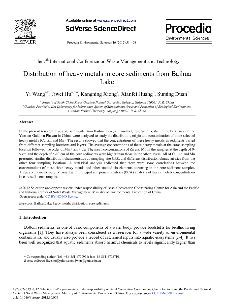 Distribution of Heavy Metals in Core Sediments from Baihua Lake