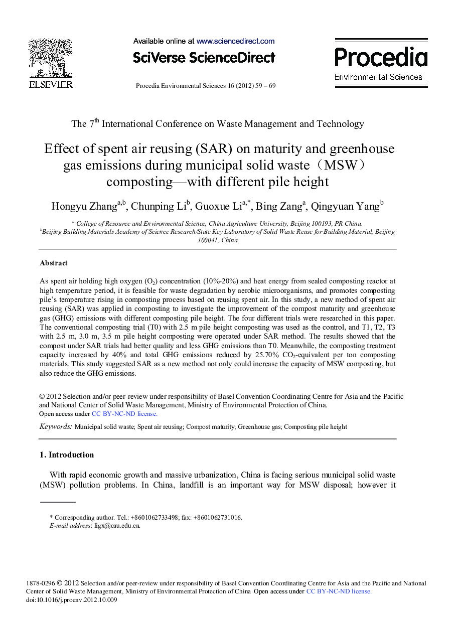 Effect of Spent Air Reusing (SAR) on Maturity and Greenhouse Gas Emissions during Municipal Solid Waste (MSW) Composting-with Different Pile Height