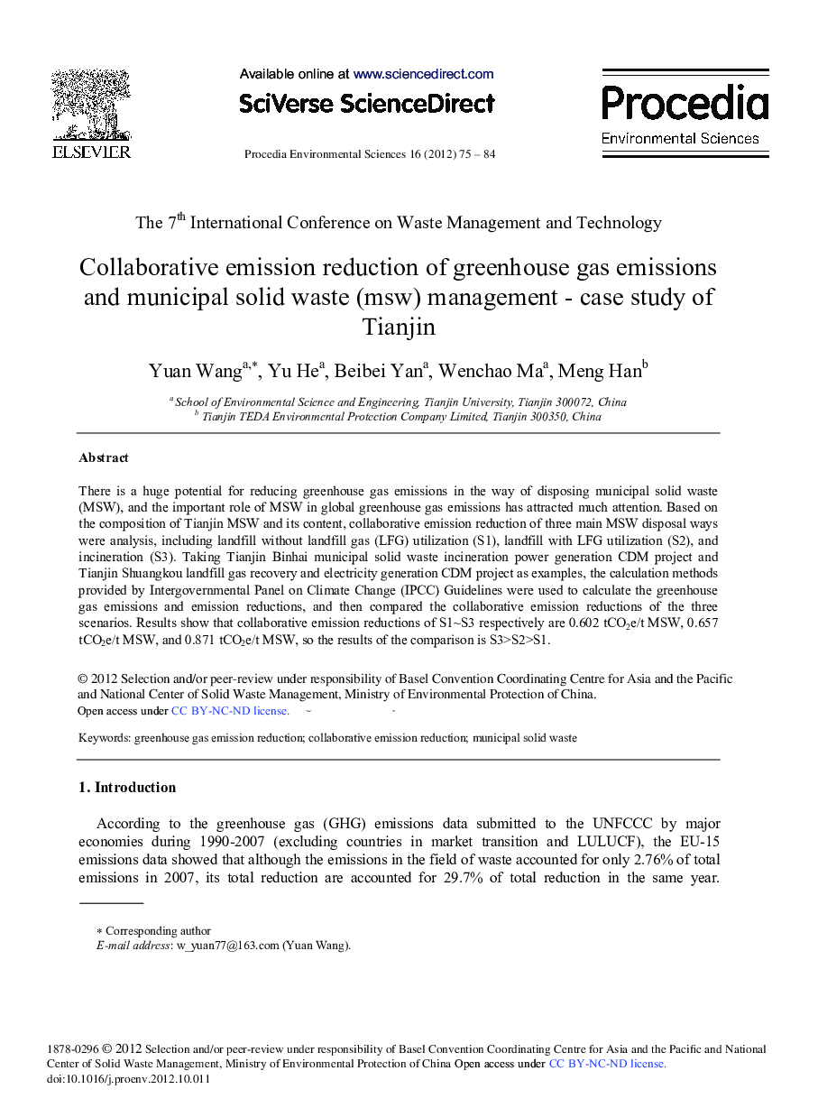 Collaborative Emission Reduction of Greenhouse Gas Emissions and Municipal Solid Waste (msw) Management-Case Study of Tianjin