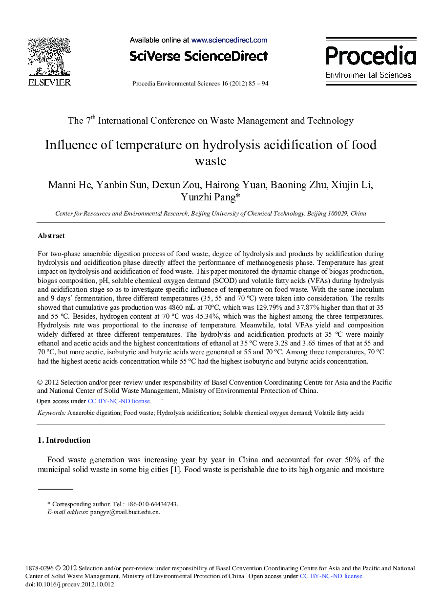 Influence of Temperature on Hydrolysis Acidification of Food Waste
