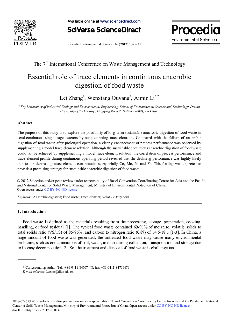 Essential Role of Trace Elements in Continuous Anaerobic Digestion of Food Waste