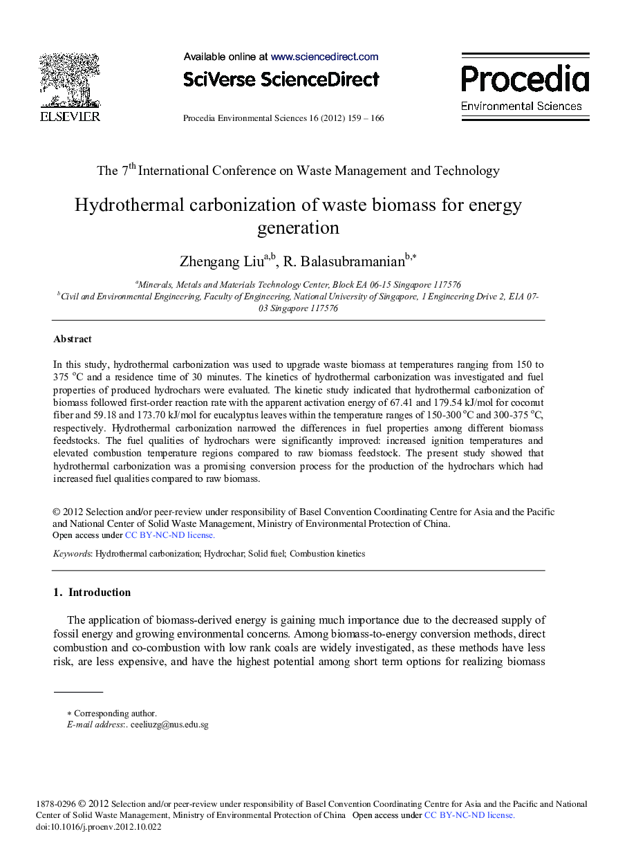 Hydrothermal Carbonization of Waste Biomass for Energy Generation