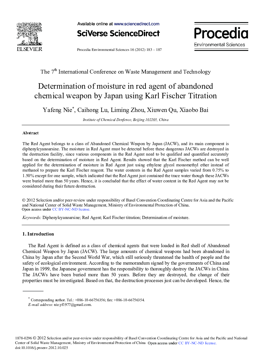 عکس صفحه اول مقاله: Determination of Moisture in Red Agent of Abandoned Chemical Weapon by Japan using Karl Fischer Titration Determination of Moisture in Red Agent of Abandoned Chemical Weapon by Japan using Karl Fischer Titration