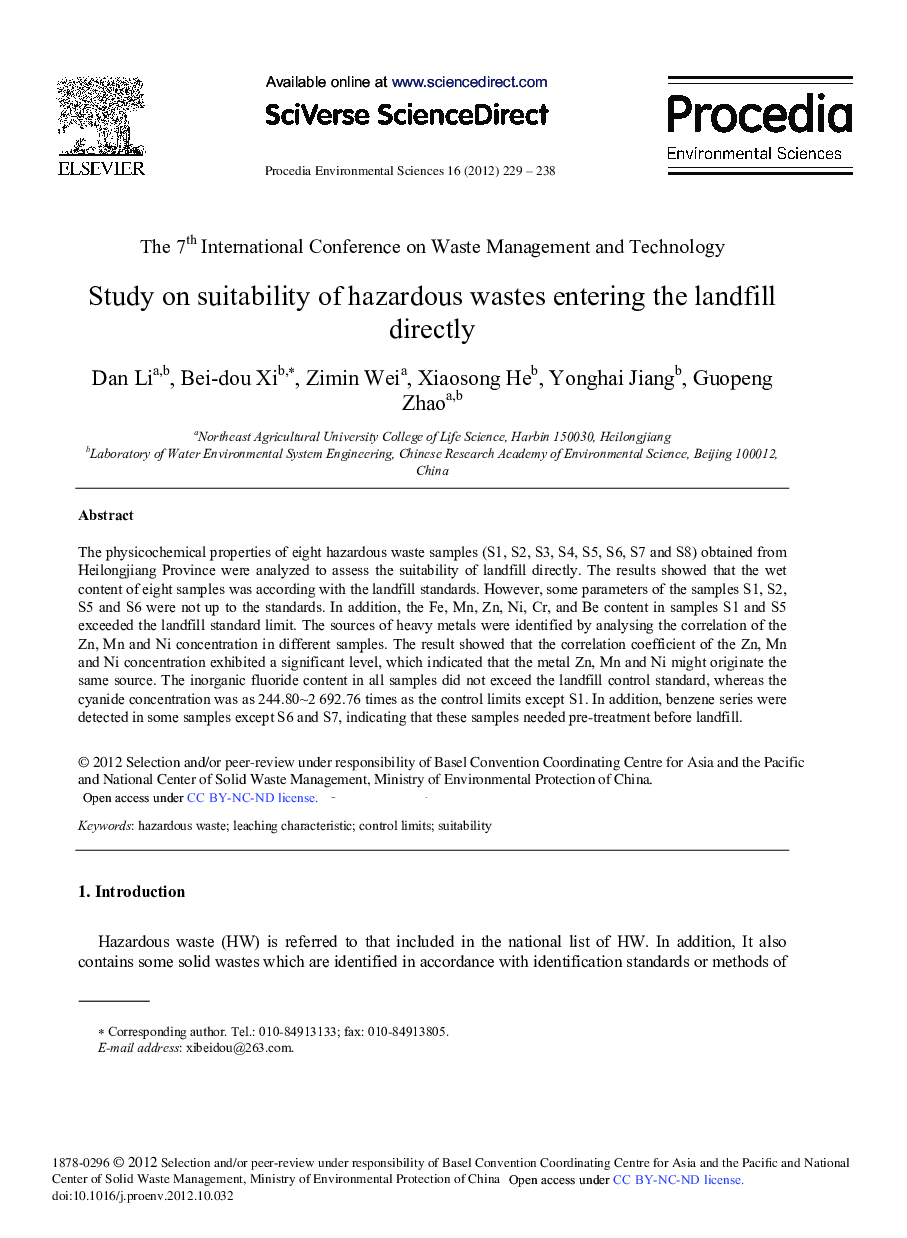 Study on Suitability of Hazardous Wastes Entering the Landfill Directly