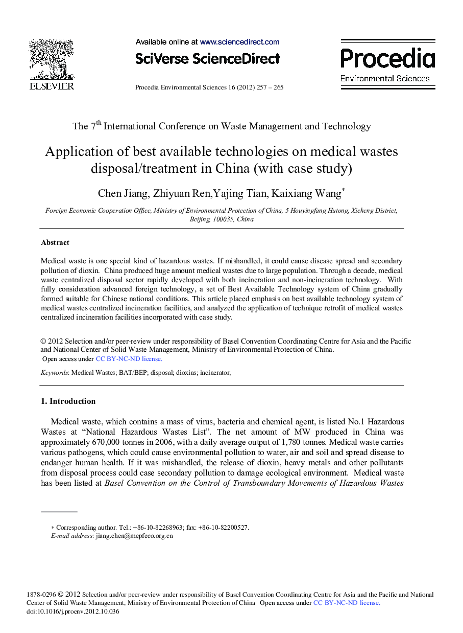 Application of Best Available Technologies on Medical Wastes Disposal/Treatment in China (with case study)