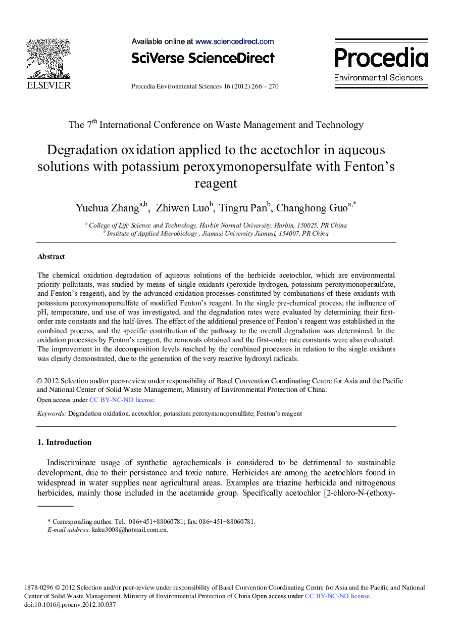 عکس صفحه اول مقاله: Degradation Oxidation Applied to the Acetochlor in Aqueous Solutions with Potassium Peroxymonopersulfate with Fenton's Reagent Degradation Oxidation Applied to the Acetochlor in Aqueous Solutions with Potassium Peroxymonopersulfate with Fenton's Reagent