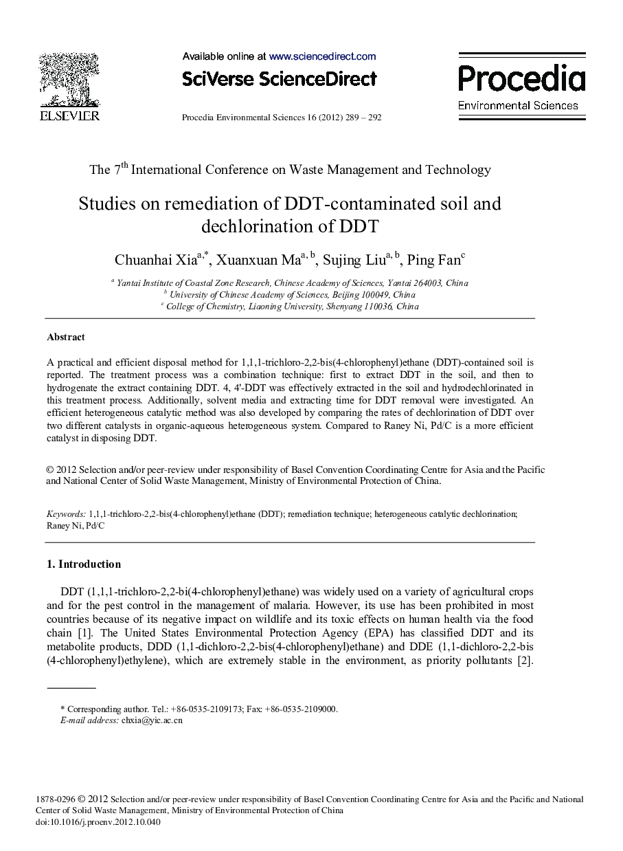 عکس صفحه اول مقاله: Studies on Remediation of DDT-Contaminated Soil and Dechlorination of DDT Studies on Remediation of DDT-Contaminated Soil and Dechlorination of DDT