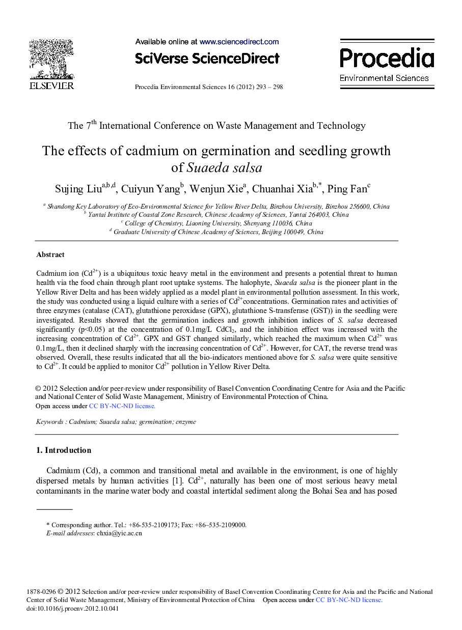 عکس صفحه اول مقاله: The Effects of Cadmium on Germination and Seedling Growth of Suaeda salsa The Effects of Cadmium on Germination and Seedling Growth of Suaeda salsa
