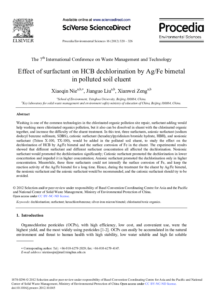 عکس صفحه اول مقاله: Effect of Surfactant on HCB Dechlorination by Ag/Fe Bimetal in Polluted Soil Eluent Effect of Surfactant on HCB Dechlorination by Ag/Fe Bimetal in Polluted Soil Eluent