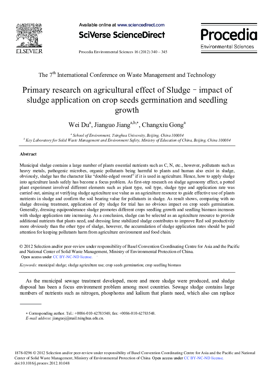 عکس صفحه اول مقاله: Primary Research on Agricultural Effect of Sludge–Impact of Sludge Application on Crop Seeds Germination and Seedling Growth Primary Research on Agricultural Effect of Sludge–Impact of Sludge Application on Crop Seeds Germination and Seedling Growth