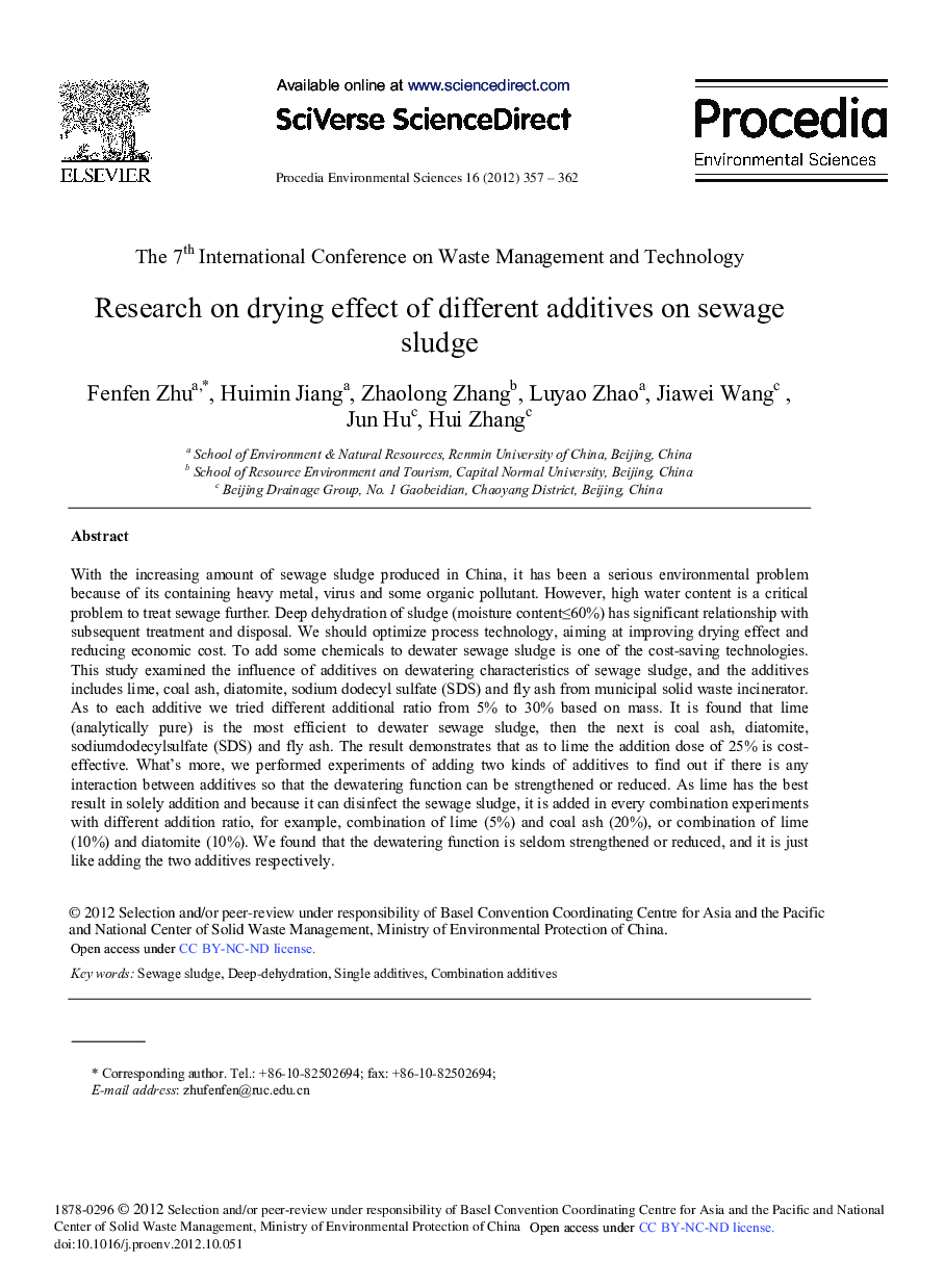 عکس صفحه اول مقاله: Research on Drying Effect of Different Additives on Sewage Sludge Research on Drying Effect of Different Additives on Sewage Sludge