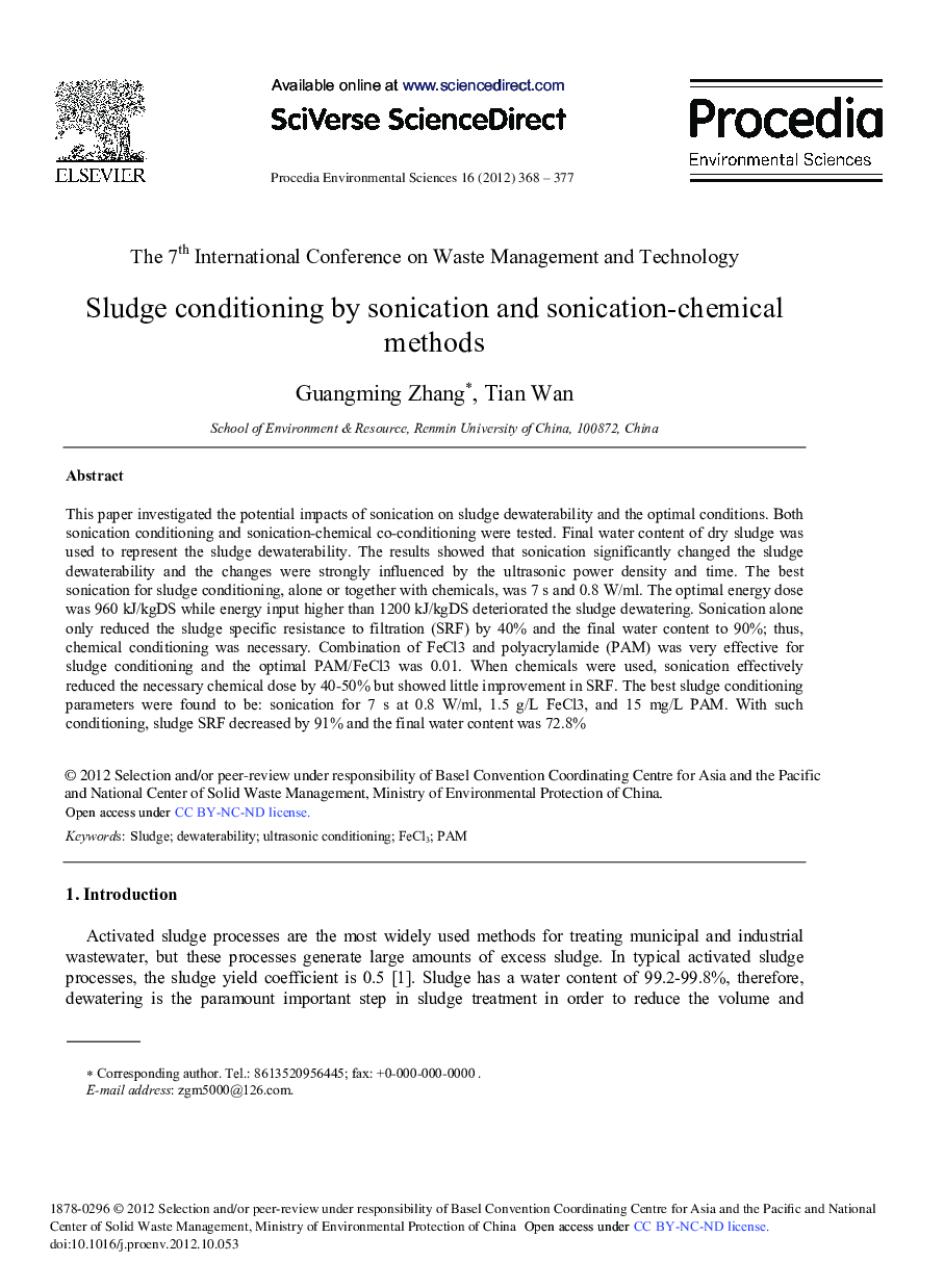 Sludge Conditioning by Sonication and Sonication-Chemical Methods