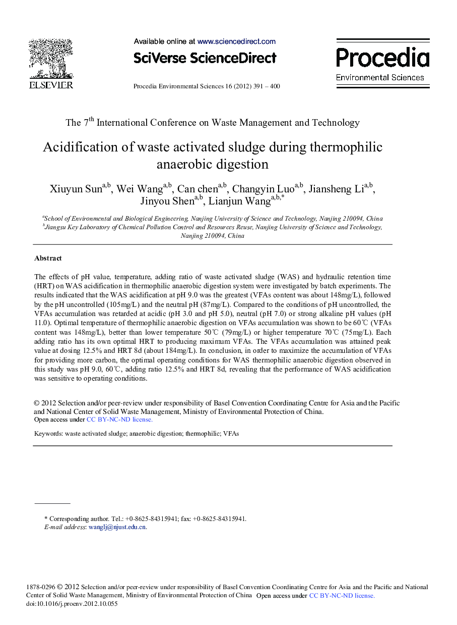 Acidification of Waste Activated Sludge During Thermophilic Anaerobic Digestion