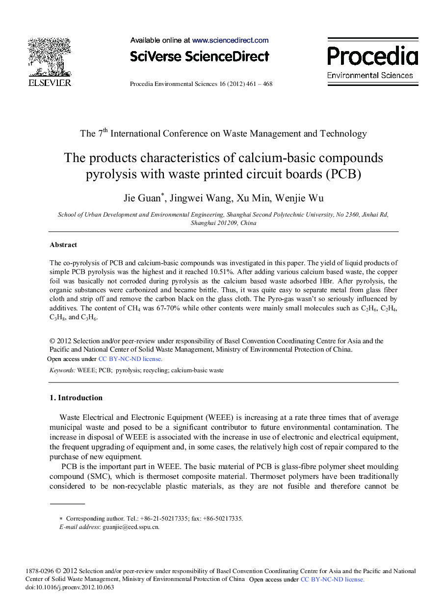 عکس صفحه اول مقاله: The Products Characteristics of Calcium-basic Compounds Pyrolysis with Waste Printed Circuit Boards (PCB) The Products Characteristics of Calcium-basic Compounds Pyrolysis with Waste Printed Circuit Boards (PCB)