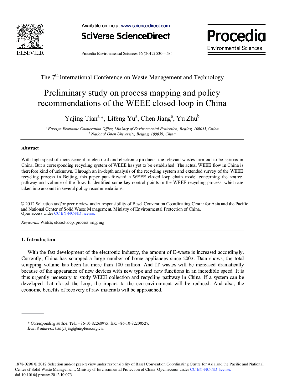 عکس صفحه اول مقاله: Preliminary Study on Process Mapping and Policy Recommendations of the WEEE Closed-loop in China Preliminary Study on Process Mapping and Policy Recommendations of the WEEE Closed-loop in China