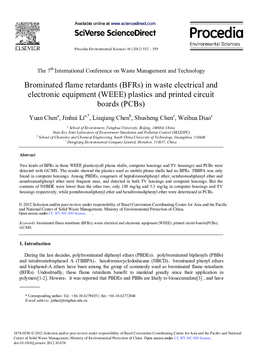 عکس صفحه اول مقاله: Brominated Flame Retardants (BFRs) in Waste Electrical and Electronic Equipment (WEEE) Plastics and Printed Circuit Boards (PCBs) Brominated Flame Retardants (BFRs) in Waste Electrical and Electronic Equipment (WEEE) Plastics and Printed Circuit Boards (PCBs)