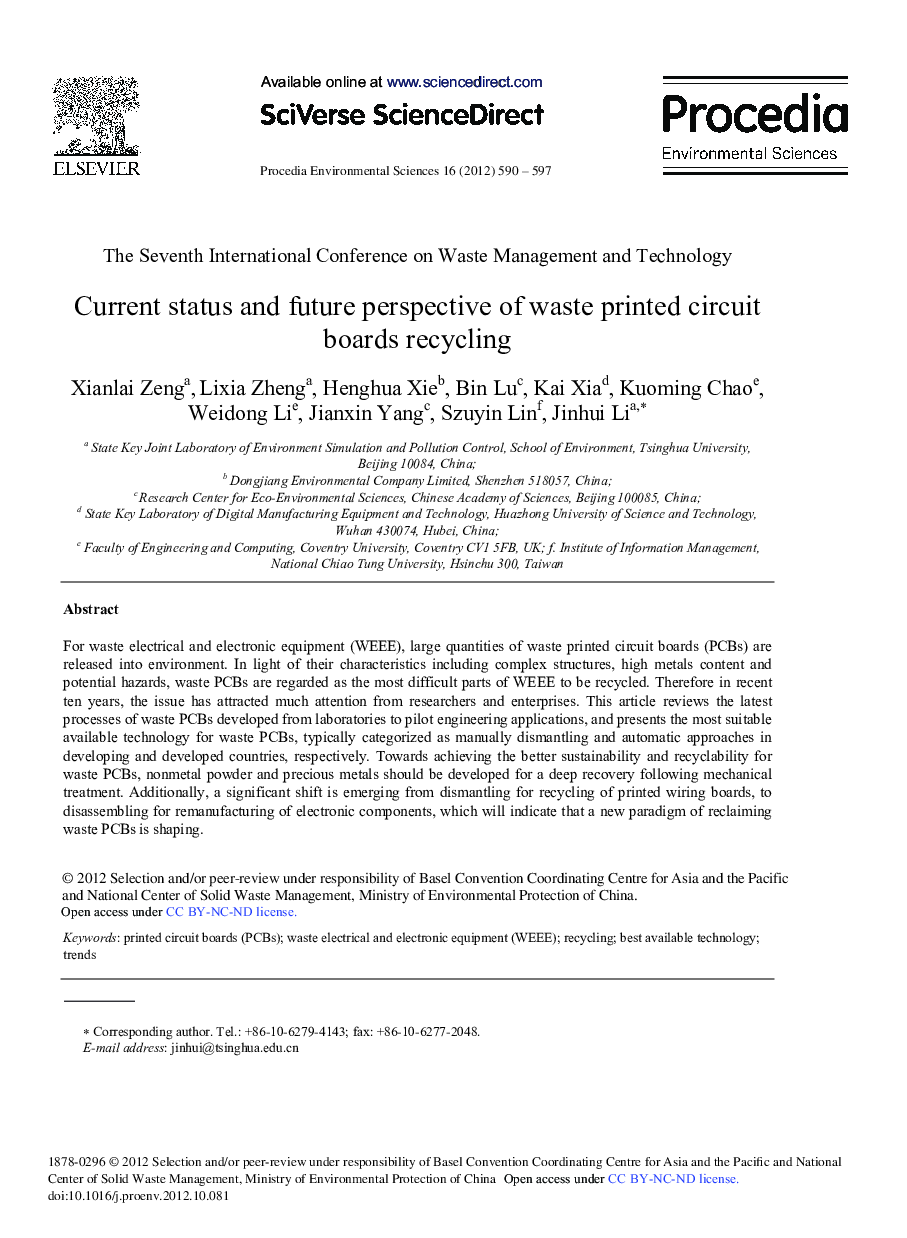 عکس صفحه اول مقاله: Current Status and Future Perspective of Waste Printed Circuit Boards Recycling Current Status and Future Perspective of Waste Printed Circuit Boards Recycling