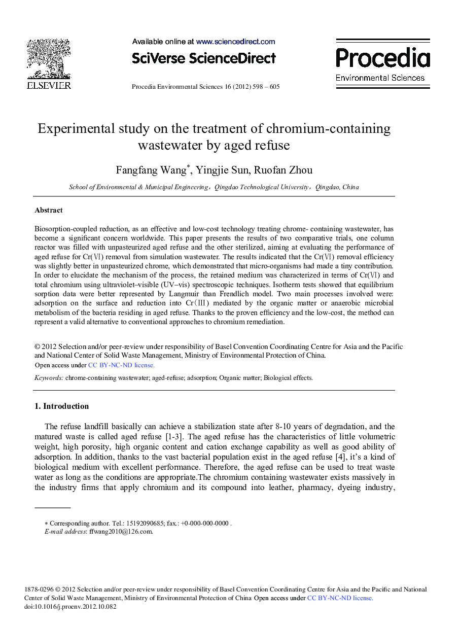 عکس صفحه اول مقاله: Experimental Study on the Treatment of Chromium-containing Wastewater by Aged Refuse Experimental Study on the Treatment of Chromium-containing Wastewater by Aged Refuse