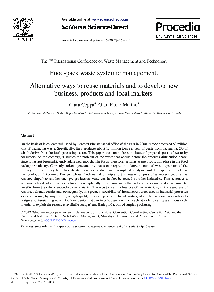 عکس صفحه اول مقاله: Food-pack Waste Systemic Management. Alternative Ways to Reuse Materials and to Develop New Business, Products and Local Markets Food-pack Waste Systemic Management. Alternative Ways to Reuse Materials and to Develop New Business, Products and Local Markets