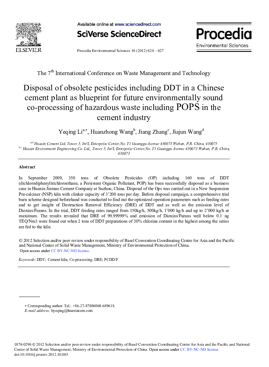 عکس صفحه اول مقاله: Disposal of Obsolete Pesticides Including DDT in a Chinese Cement Plant as Blueprint for Future Environmentally Sound Co-Processing of Hazardous Waste Including POPS in the Cement Industry Disposal of Obsolete Pesticides Including DDT in a Chinese Cement Plant as Blueprint for Future Environmentally Sound Co-Processing of Hazardous Waste Including POPS in the Cement Industry