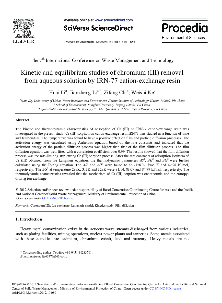 Kinetic and Equilibrium Studies of Chromium (III) Removal from Aqueous Solution by IRN-77 Cation-Exchange Resin