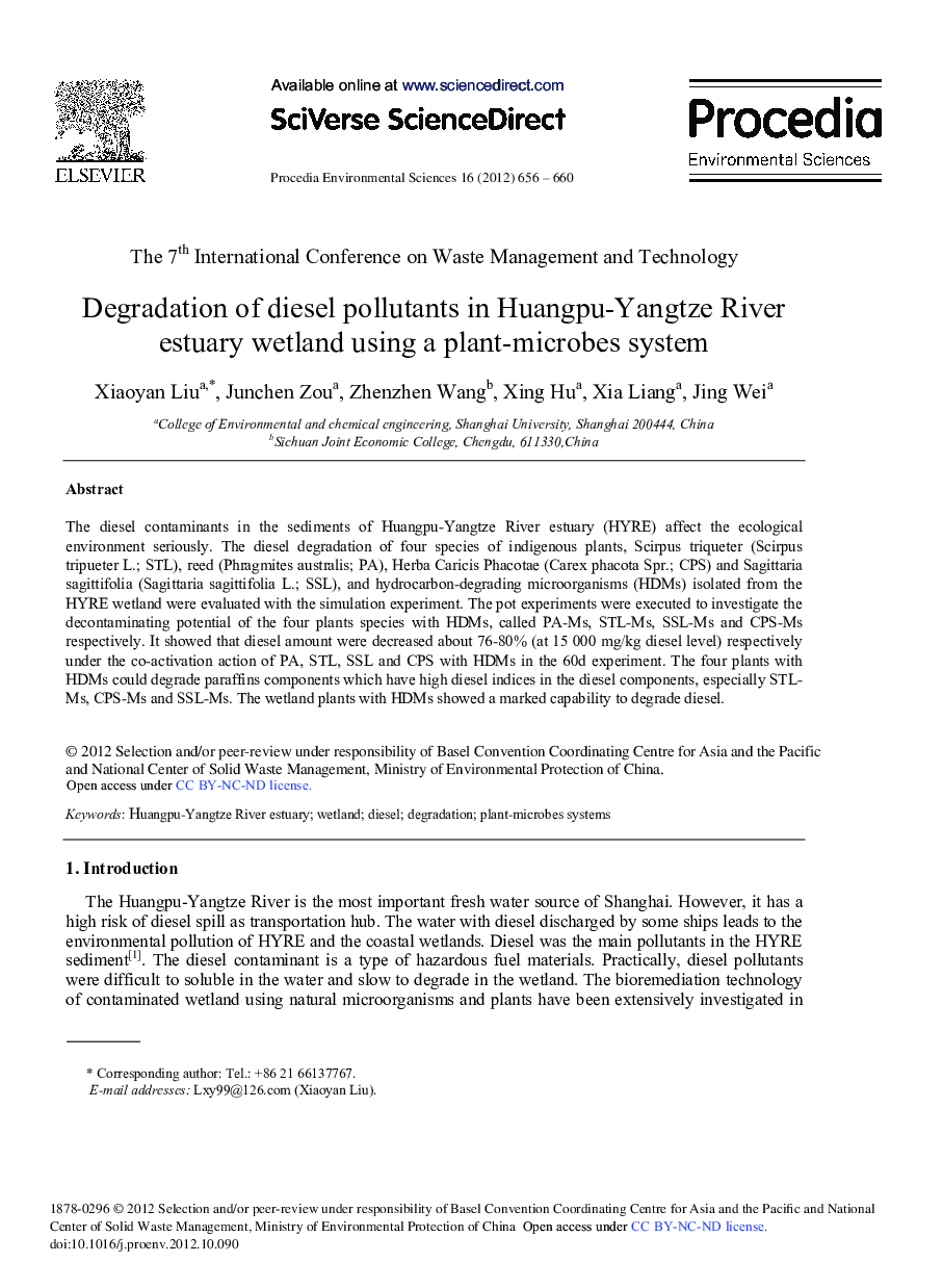 عکس صفحه اول مقاله: Degradation of Diesel Pollutants in Huangpu-Yangtze River Estuary Wetland using a Plant-Microbes System Degradation of Diesel Pollutants in Huangpu-Yangtze River Estuary Wetland using a Plant-Microbes System