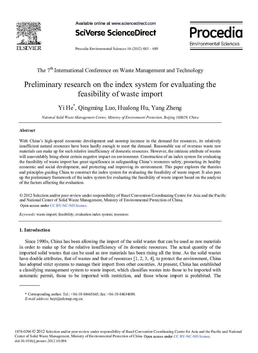 عکس صفحه اول مقاله: Preliminary Research on the Index System for Evaluating the Feasibility of Waste Import Preliminary Research on the Index System for Evaluating the Feasibility of Waste Import