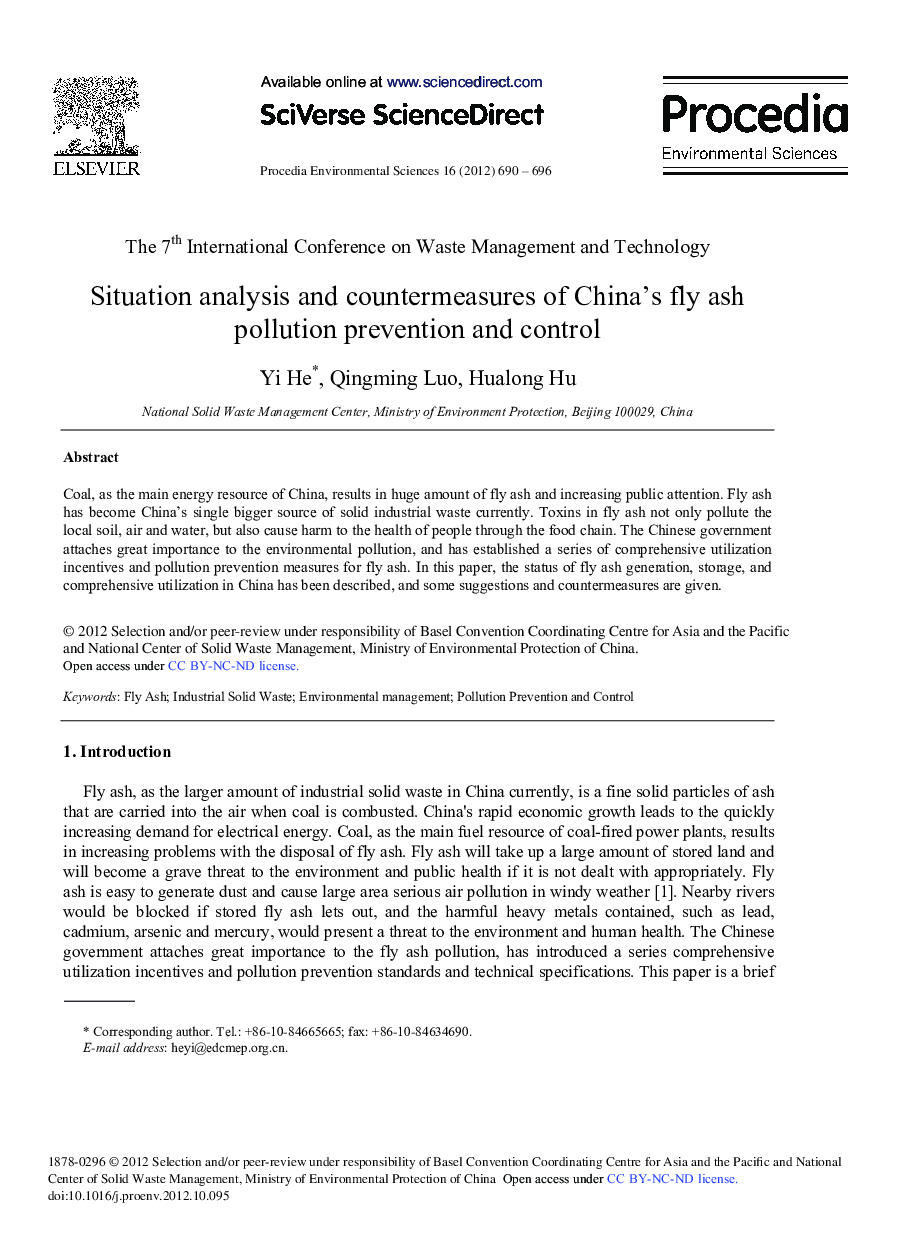 عکس صفحه اول مقاله: Situation Analysis and Countermeasures of China's Fly Ash Pollution Prevention and Control Situation Analysis and Countermeasures of China's Fly Ash Pollution Prevention and Control