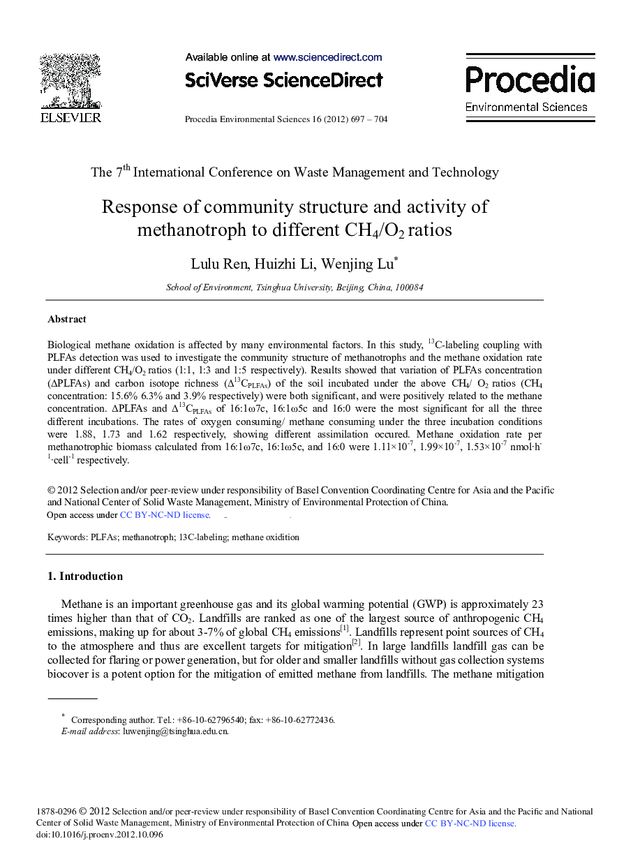 عکس صفحه اول مقاله: Response of Community Structure and Activity of Methanotroph to Different CH4/O2 Ratios Response of Community Structure and Activity of Methanotroph to Different CH4/O2 Ratios