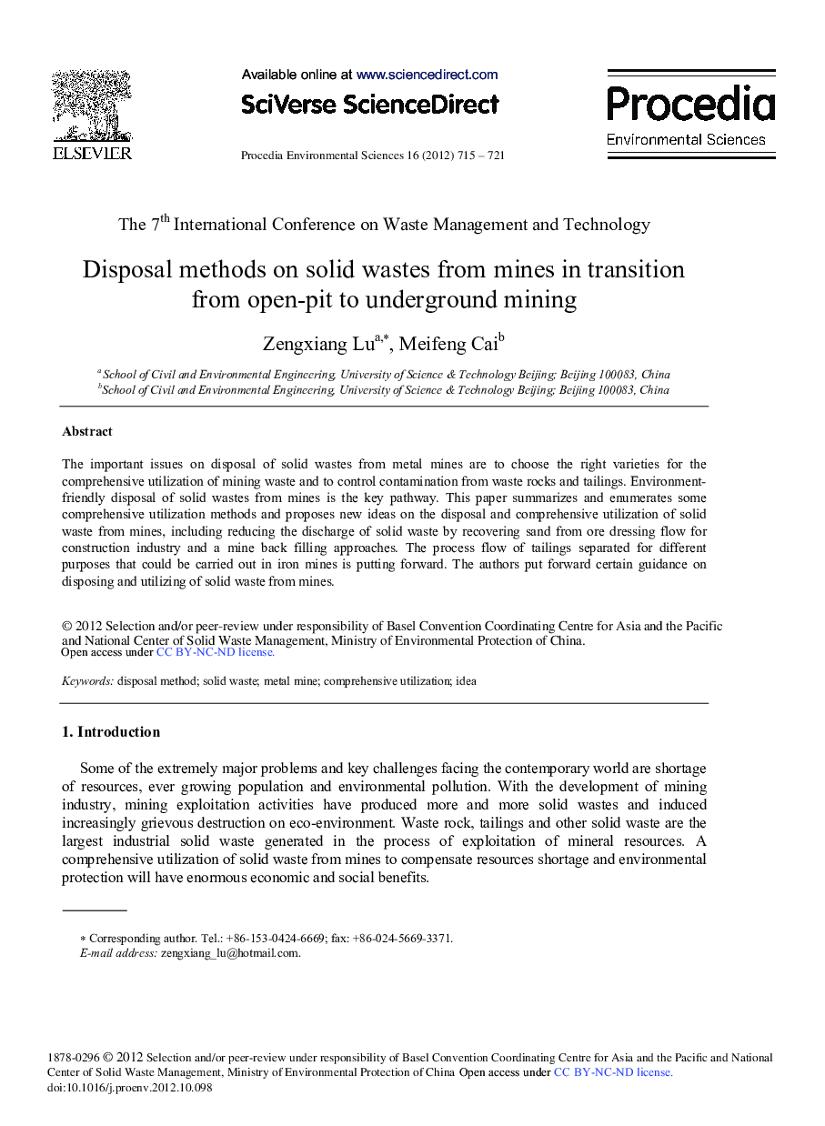 عکس صفحه اول مقاله: Disposal Methods on Solid Wastes from Mines in Transition from Open-Pit to Underground Mining Disposal Methods on Solid Wastes from Mines in Transition from Open-Pit to Underground Mining