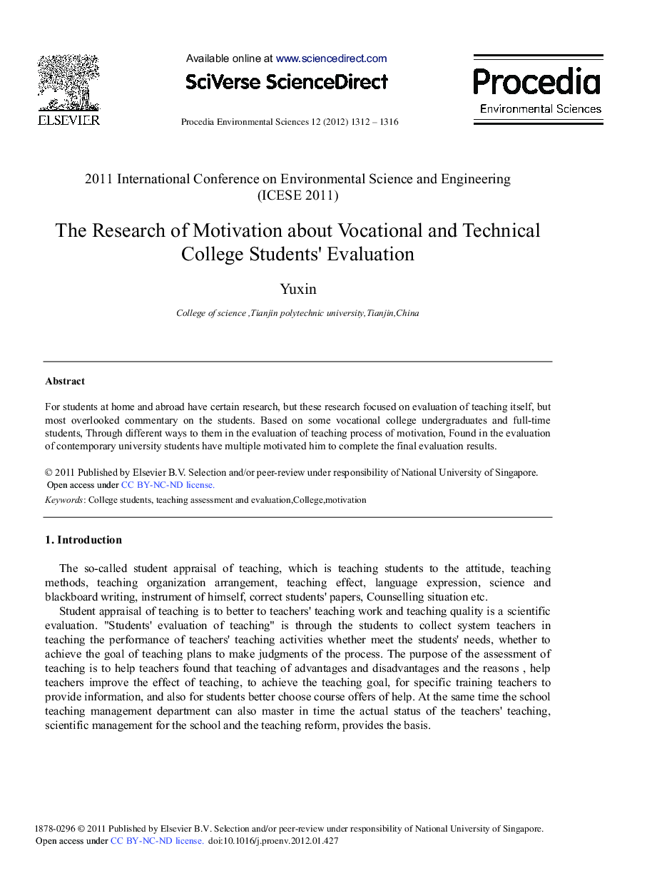 عکس صفحه اول مقاله: The Research of Motivation about Vocational and Technical College Students’ Evaluation The Research of Motivation about Vocational and Technical College Students’ Evaluation