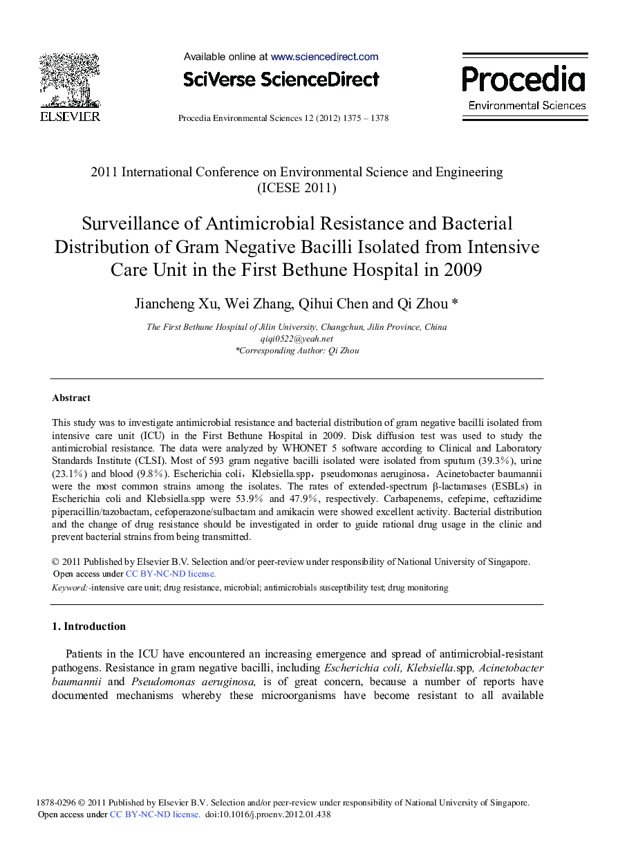 عکس صفحه اول مقاله: Surveillance of Antimicrobial Resistance and Bacterial Distribution of Gram Negative Bacilli Isolated from Intensive Care Unit in the First Bethune Hospital in 2009 Surveillance of Antimicrobial Resistance and Bacterial Distribution of Gram Negative Bacilli Isolated from Intensive Care Unit in the First Bethune Hospital in 2009