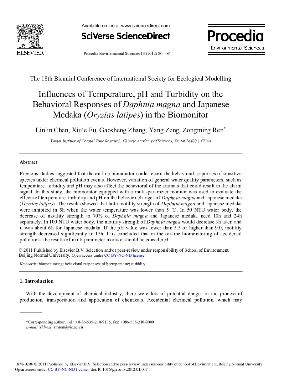 عکس صفحه اول مقاله: Influences of Temperature, pH and Turbidity on the Behavioral Responses of Daphnia magna and Japanese Medaka (Oryzias latipes) in the Biomonitor Influences of Temperature, pH and Turbidity on the Behavioral Responses of Daphnia magna and Japanese Medaka (Oryzias latipes) in the Biomonitor