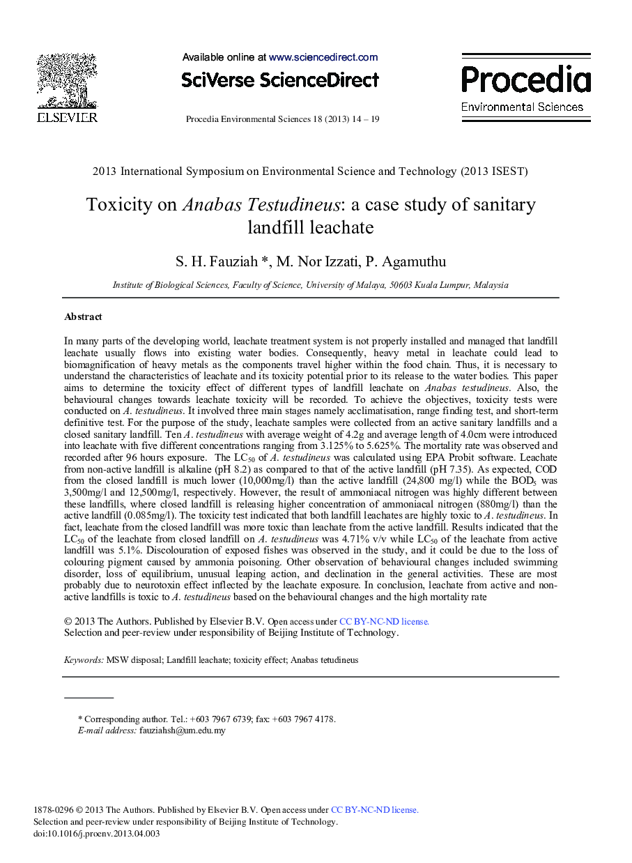 عکس صفحه اول مقاله: Toxicity on Anabas Testudineus: A Case Study of Sanitary Landfill Leachate Toxicity on Anabas Testudineus: A Case Study of Sanitary Landfill Leachate