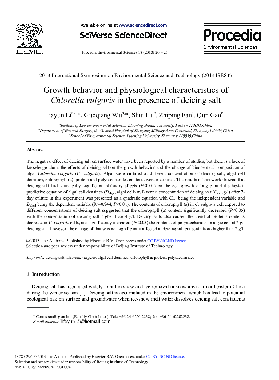 عکس صفحه اول مقاله: Growth Behavior and Physiological Characteristics of Chlorella Vulgaris in the Presence of Deicing Salt Growth Behavior and Physiological Characteristics of Chlorella Vulgaris in the Presence of Deicing Salt