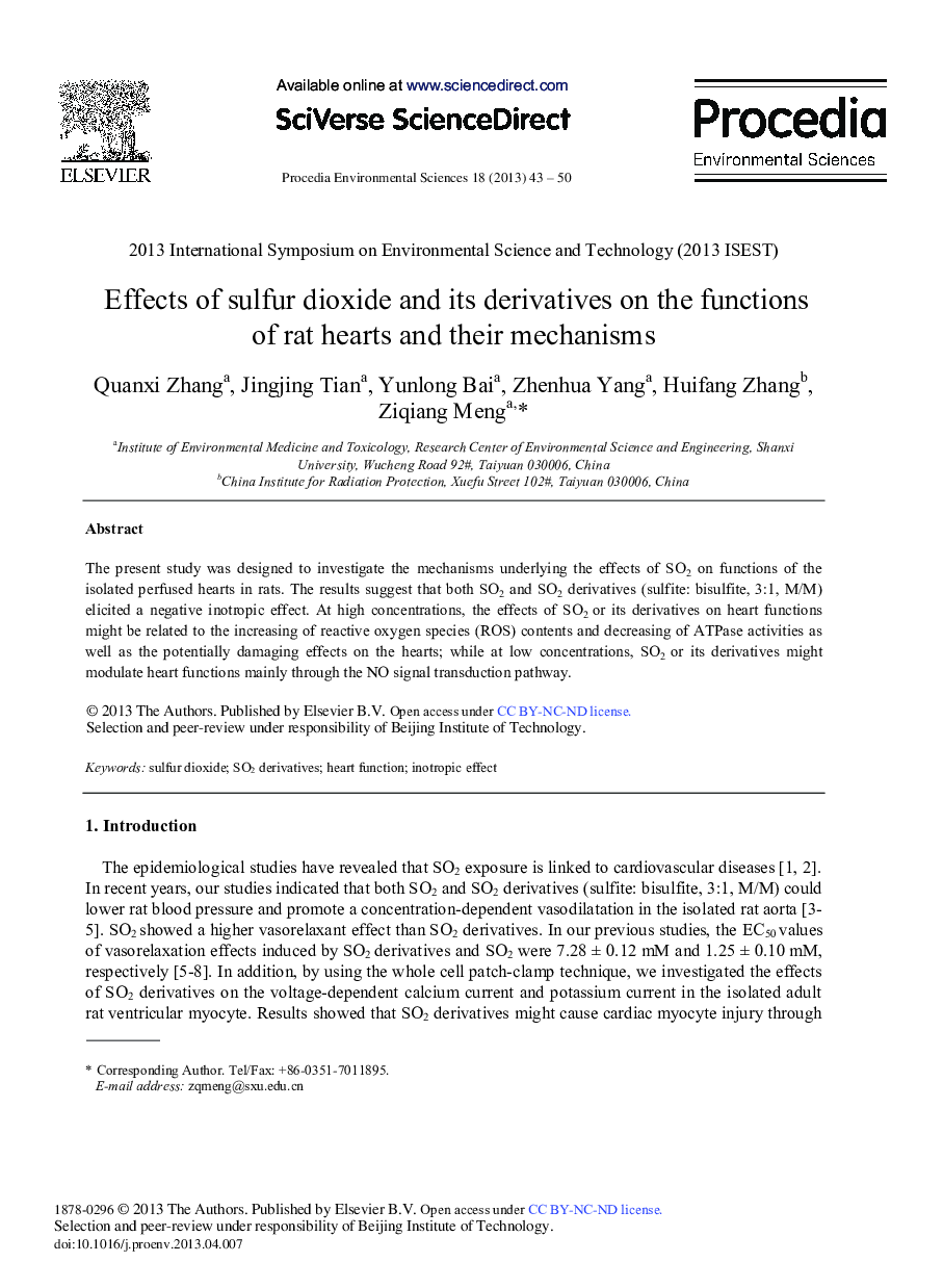 عکس صفحه اول مقاله: Effects of Sulfur Dioxide and Its Derivatives on the Functions of Rat Hearts and their Mechanisms Effects of Sulfur Dioxide and Its Derivatives on the Functions of Rat Hearts and their Mechanisms