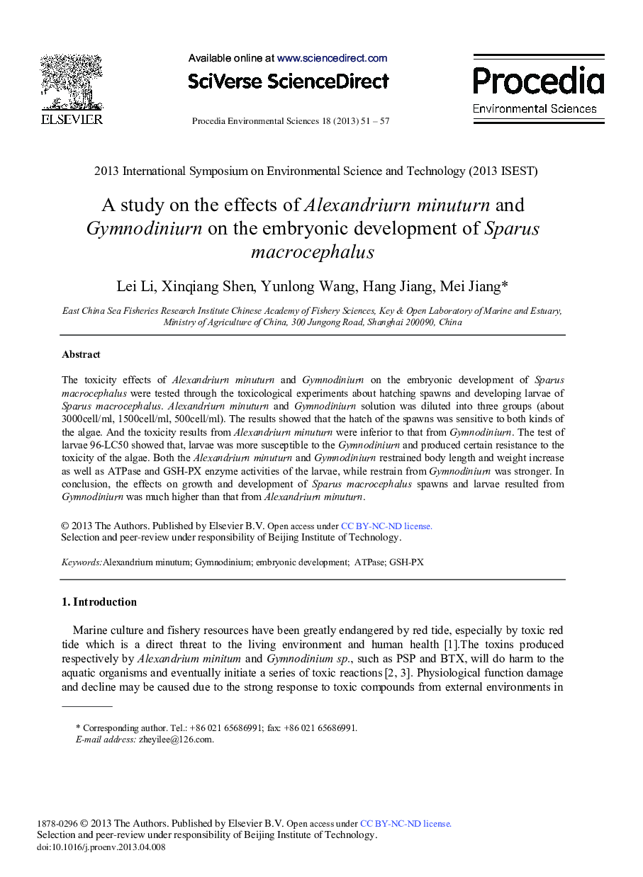 عکس صفحه اول مقاله: A Study on the Effects of Alexandriurn Minuturn and Gymnodiniurn on the Embryonic Development of Sparus Macrocephalus A Study on the Effects of Alexandriurn Minuturn and Gymnodiniurn on the Embryonic Development of Sparus Macrocephalus