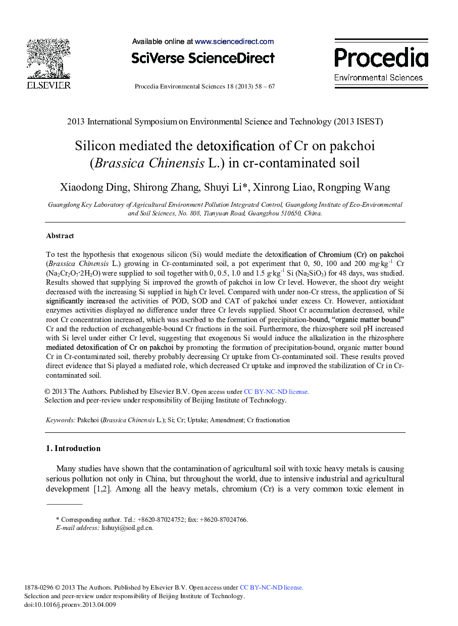 عکس صفحه اول مقاله: Silicon Mediated the Detoxification of Cr on Pakchoi (Brassica Chinensis L.) in Cr-contaminated Soil Silicon Mediated the Detoxification of Cr on Pakchoi (Brassica Chinensis L.) in Cr-contaminated Soil