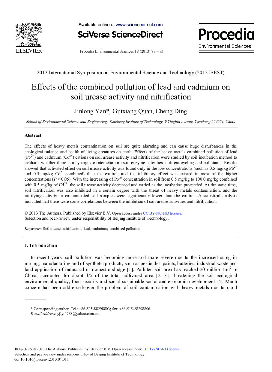 عکس صفحه اول مقاله: Effects of the Combined Pollution of Lead and Cadmium on Soil Urease Activity and Nitrification Effects of the Combined Pollution of Lead and Cadmium on Soil Urease Activity and Nitrification
