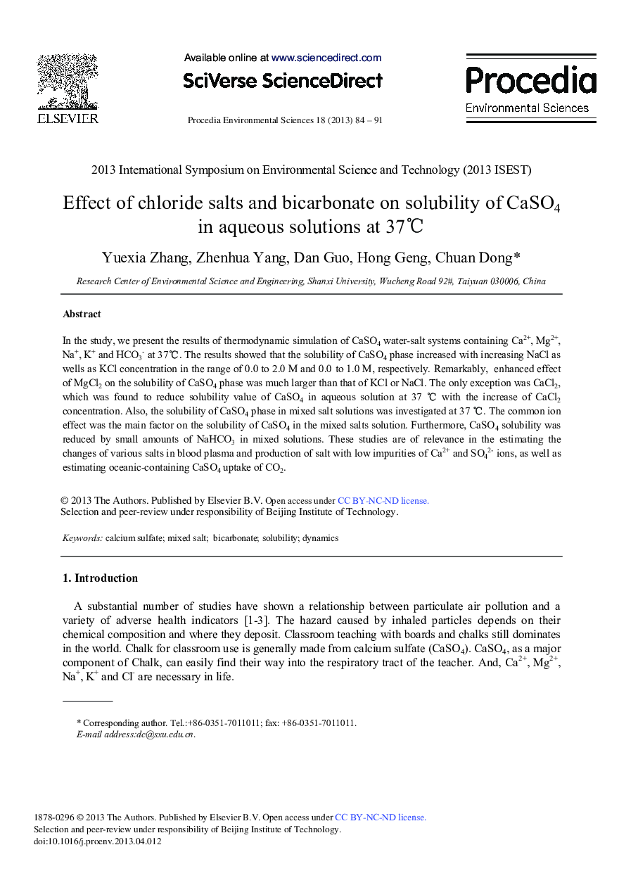 عکس صفحه اول مقاله: Effect of Chloride Salts and Bicarbonate on Solubility of CaSO4 in Aqueous Solutions at 37°C Effect of Chloride Salts and Bicarbonate on Solubility of CaSO4 in Aqueous Solutions at 37°C
