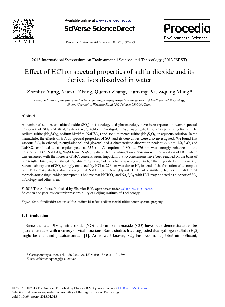 عکس صفحه اول مقاله: Effect of HCl on Spectral Properties of Sulfur Dioxide and its Derivatives Dissolved in Water Effect of HCl on Spectral Properties of Sulfur Dioxide and its Derivatives Dissolved in Water