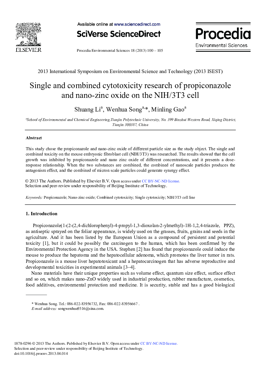 عکس صفحه اول مقاله: Single and Combined Cytotoxicity Research of Propiconazole and Nano-zinc Oxide on the NIH/3T3 Cell Single and Combined Cytotoxicity Research of Propiconazole and Nano-zinc Oxide on the NIH/3T3 Cell