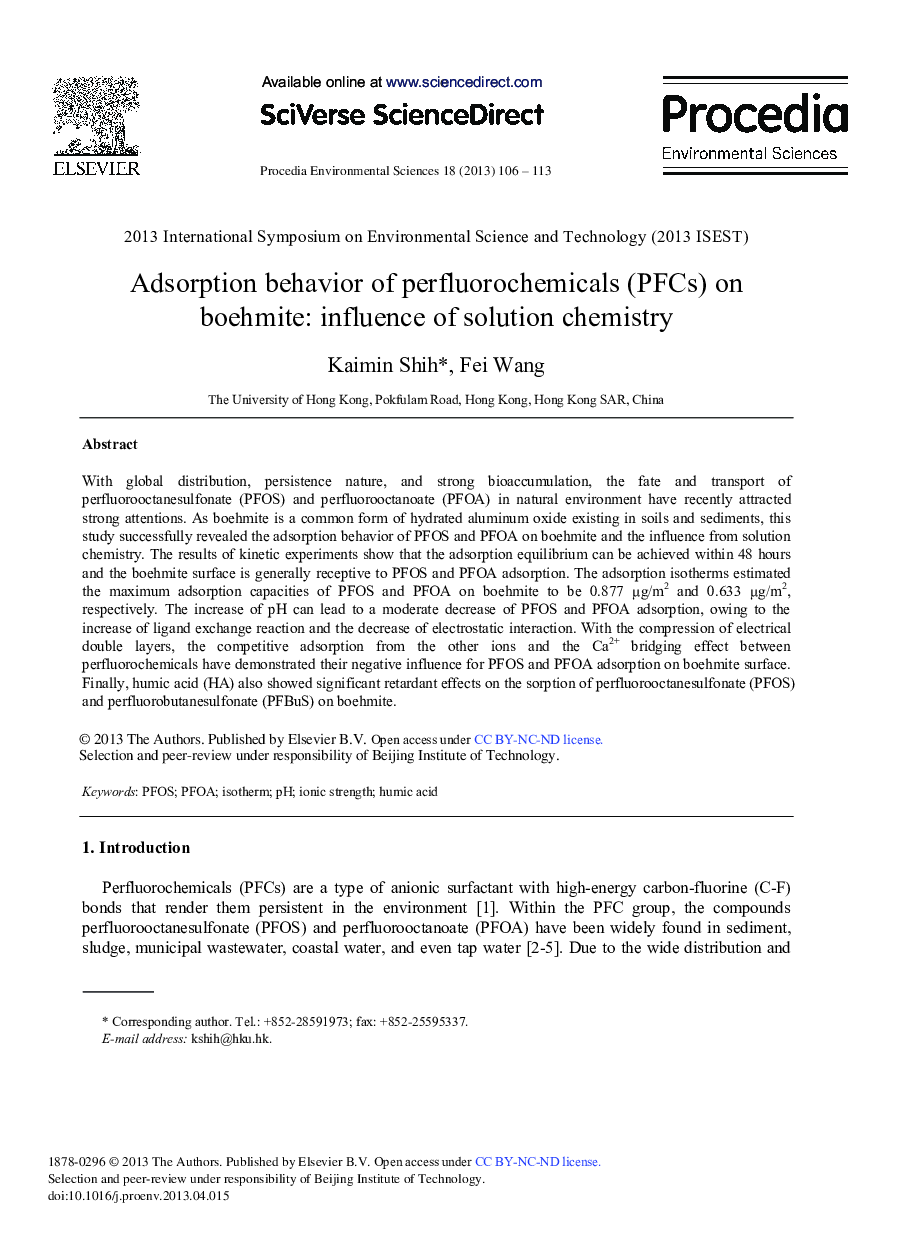 عکس صفحه اول مقاله: Adsorption Behavior of Perfluorochemicals (PFCs) on Boehmite: Influence of Solution Chemistry Adsorption Behavior of Perfluorochemicals (PFCs) on Boehmite: Influence of Solution Chemistry
